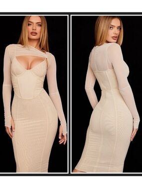 House of CB BEATRICE Beige Corset Midi Dress - Large